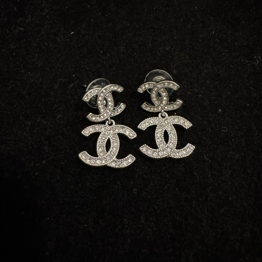 CHANEL Sparkling Silver Double C Earrings